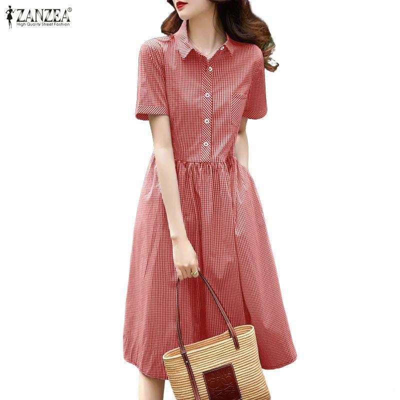 ZANZEA Women Plaid Print Casual Turn Down Collar Short Sleeve Dress