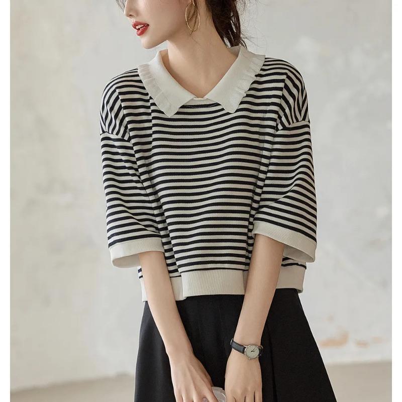 

Spring and Summer New Style College Style Age-reducing Doll Collar Fashionable Three-quarter Sleeve Loose Striped Top for Women M чёрный