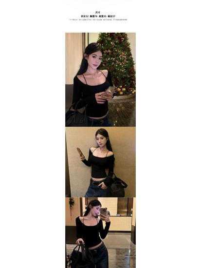 2026 Spring/Autumn Pure Desire One-Shoulder Strappy Long Sleeve Top - Casual & Versatile