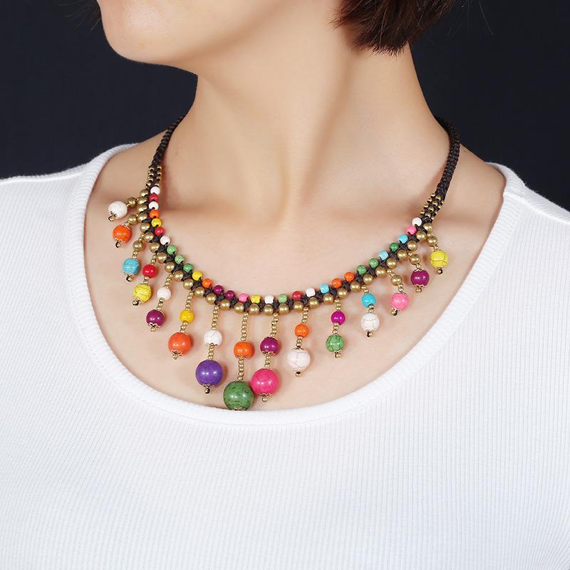 Bohemian ethnic style short necklace women's collarbone chain red and blue turquoise fringed anklet retro vacation set