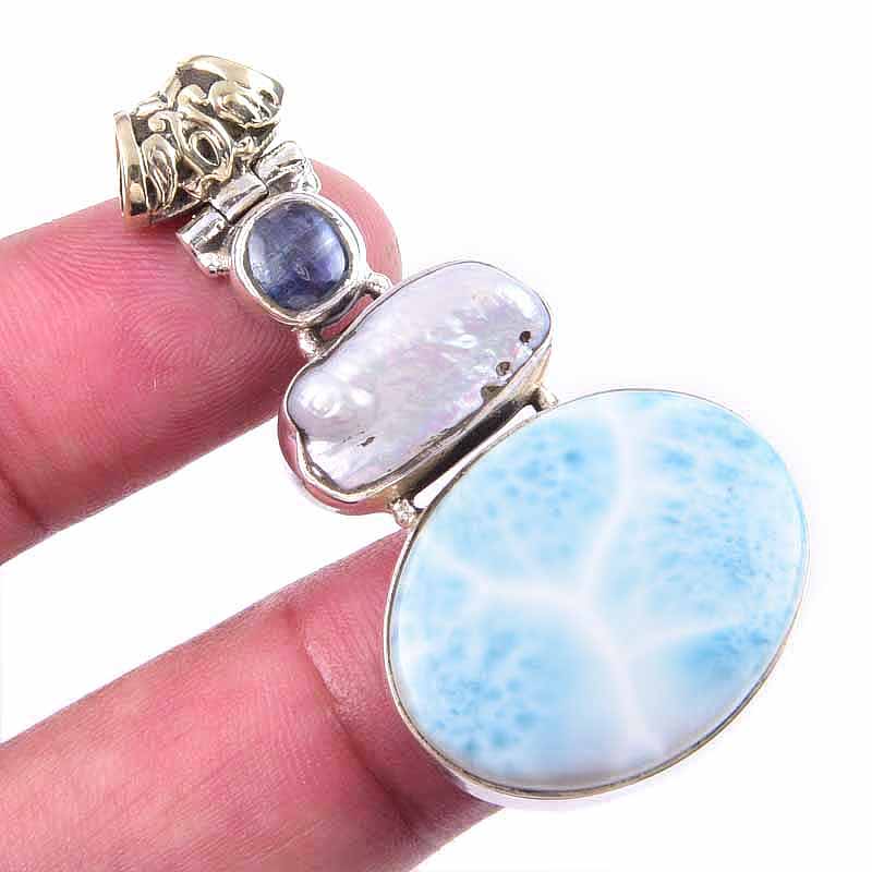 

Natural Republic Larimar,Biwa Pearl Gemstone 925 Solid Silver Pendant 1.75 F9s85