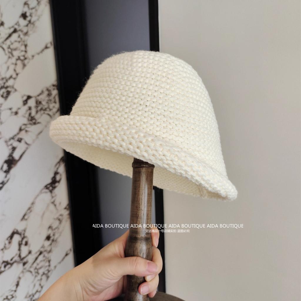 Korean version retro solid color wool hat women's warm and comfortable crimped knitted hat shows the face small thick wool bucket hat