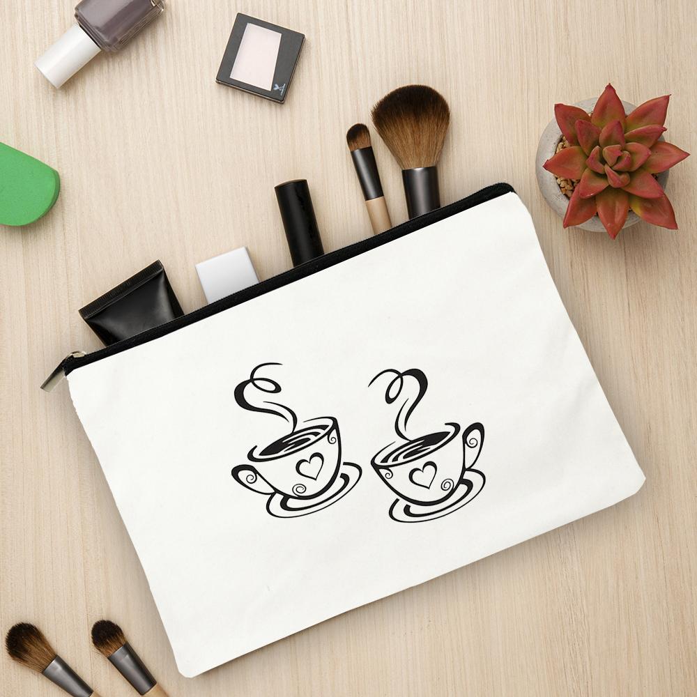 

Coffee Time Cosmetic Storage Bag Teacher School Toiletries Makeup Pouch Women White Canvas Shopping Lipstick Make Up Zipper Bags