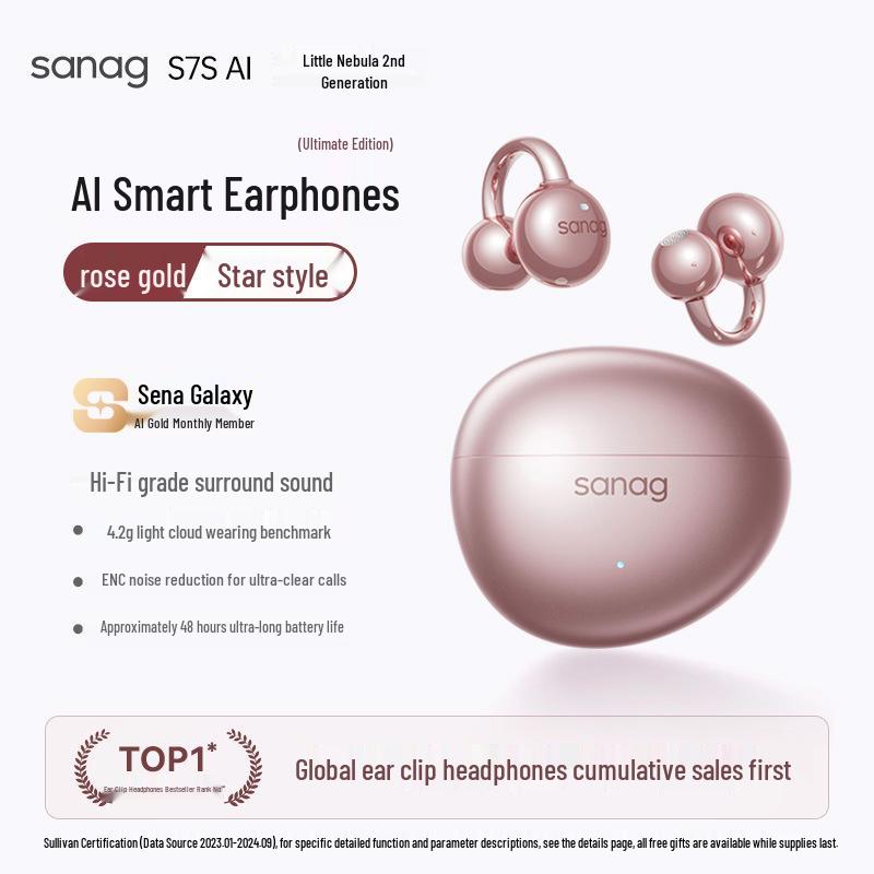Sanag S7S Bluetooth Ear Clip Earphones with AI Translation and Air Conduction for 2025 Sports - Open, Not In-Ear Design