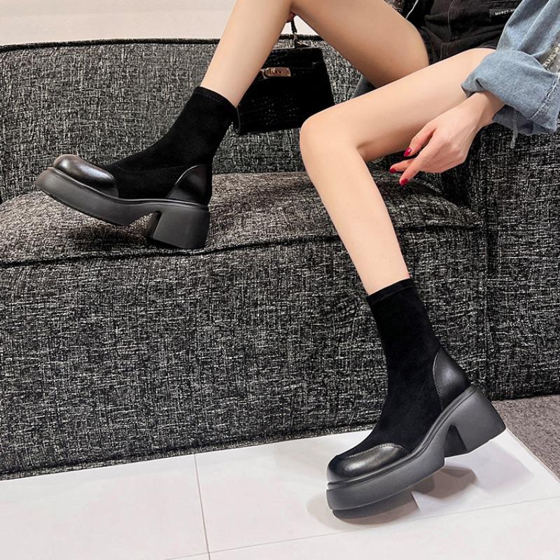 

Spring and Autumn Over-knee Boots Women s Thick Heel Autumn and Winter Skinny Elastic Boots Thick-soled Small Flat-bottomed Long Boots Keep Warm 35