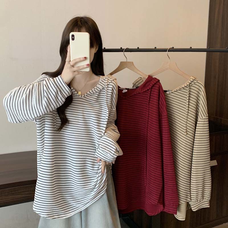 Korean Striped Hooded T-shirt Loose Commute Drawstring Spring Autumn Casual Basic Long Sleeve Pullovers