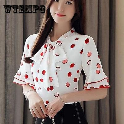 S-4XL Women's Spring Summer Short Sleeve Blouses Large Size Loose V-Neck Solid Color Slim Dots Print Tops