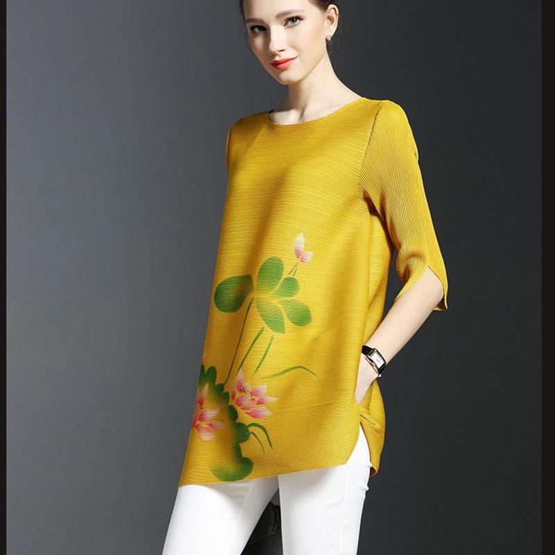 Pleated Dress Simple Medium Long Round Neck T-shirt Summer New Women's Five-point Sleeve Loose Print Half Sleeve Dress Tops