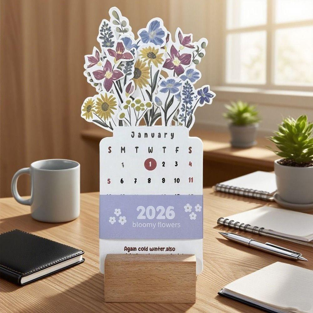 Wooden Base Bloomy Flowers Desk Calendar Vase Shaped 2026 Desktop Calendar  for New Year
