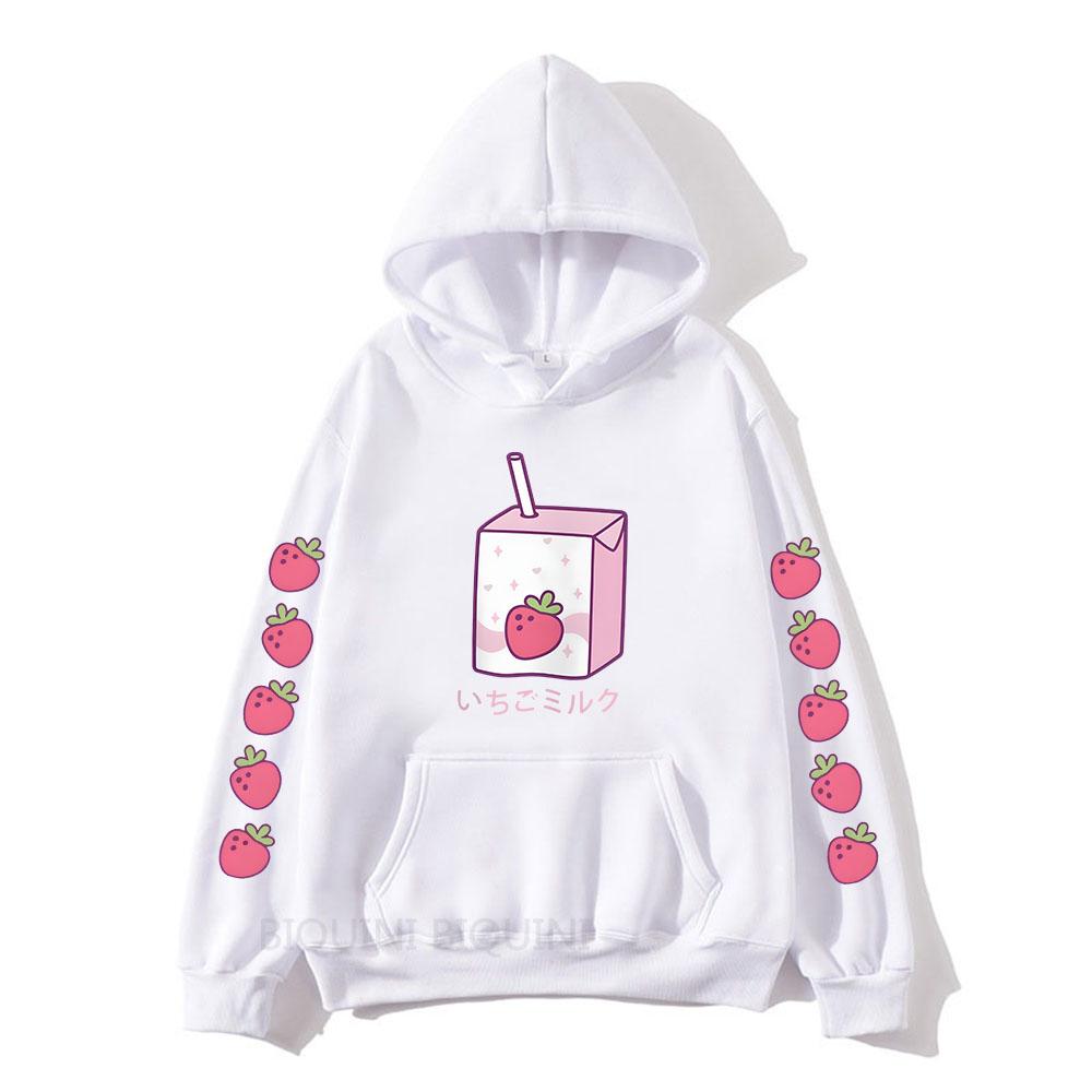 Strawberry Milk Cartoon Printing Hoodies Long Sleeve Hooded Sweatshirts Kawaii Clothing for Girls Moletom Feminino