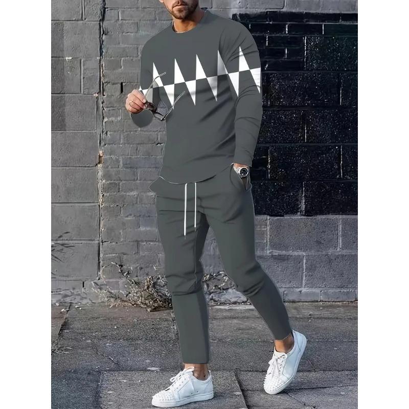 

Мужской повседневный костюм-двойка с геометрическим принтом - стильная футболка с круглым вырезом, дышащие удобные брюки на шнурке XL