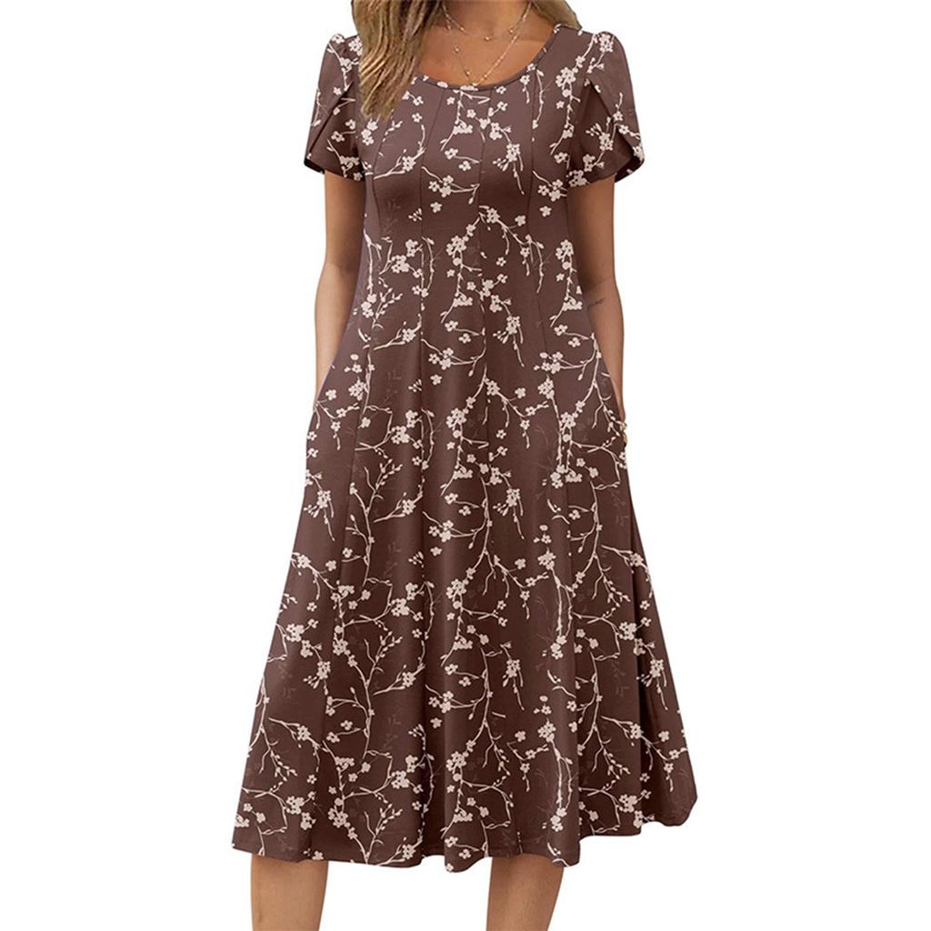 Női Divat Tavaszi és Nyári Ruha Alkalmi Rövid Ujjú Kerek Nyakú Elegáns Középhosszúságú Strandruha