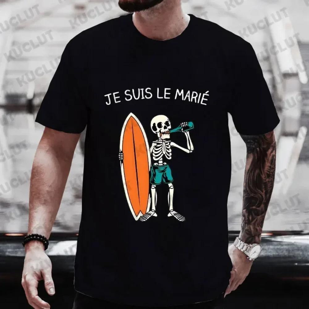 Französisch Ich bin der Bräutigam 2024 Mode Bier Skelett Grafik Tops JGA Team Zukünftiger Bräutigam T-Shirt Junggesellen Single Abschiedsparty T-Shirts