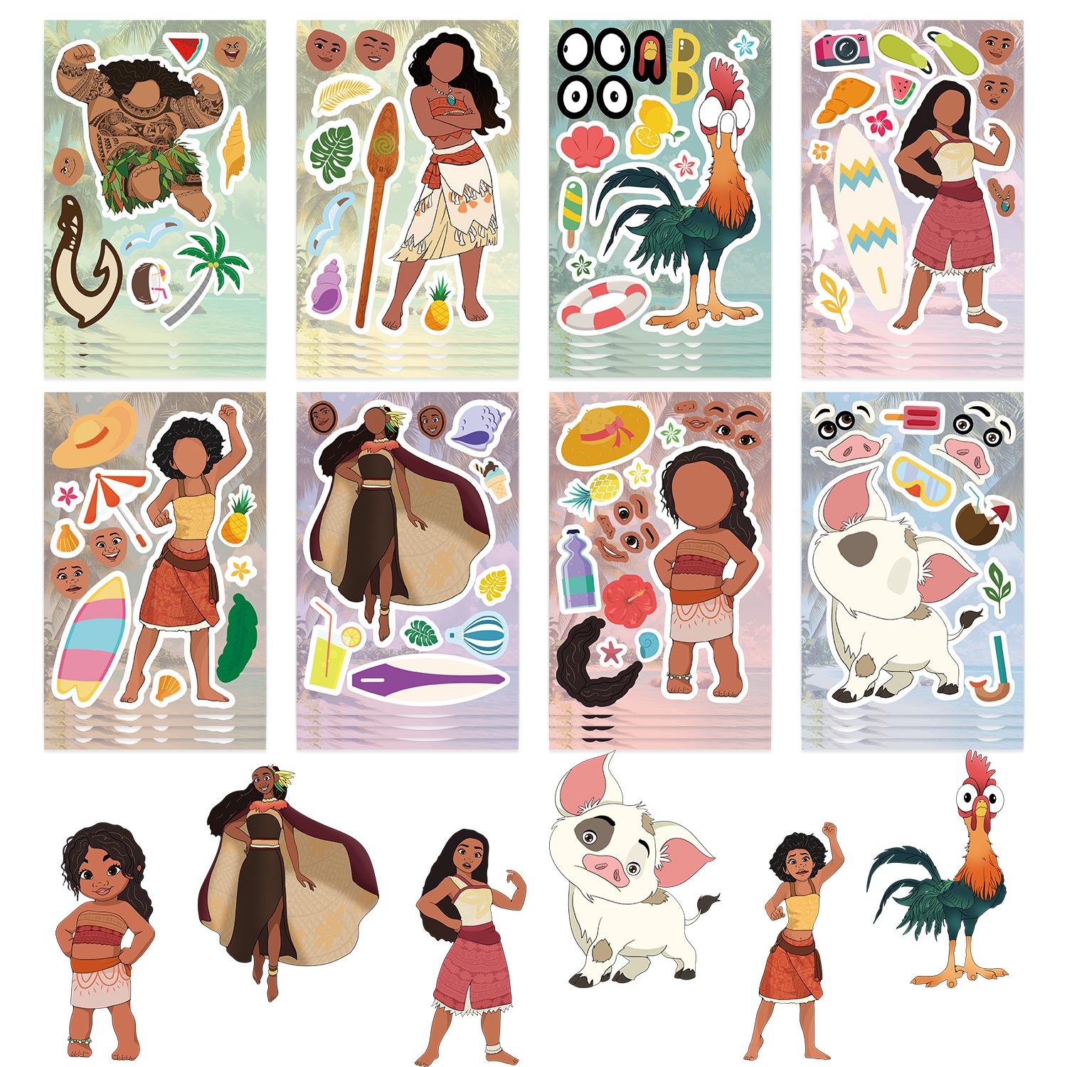 2026 New 48/24PCS Funny Moana Make A Face Puzzle Stickers Kids Make Your Own DIY Game Children Cartoon Jigsaw Education Toy Gift 8pcs