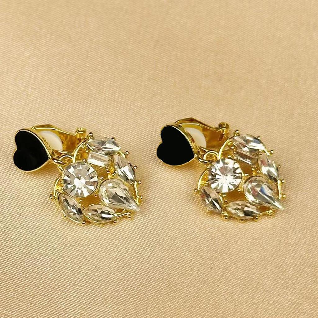Trendy Rhinestone Heart Ear Cuff - No Piercing, Black & White Cartilage Stud Earrings