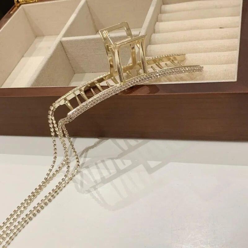Geometric Crystal Rhinestones Long Tassel Hair Claw for Women Metal Large Hair Clip Women's Fashion Hairpins Hair Accessories