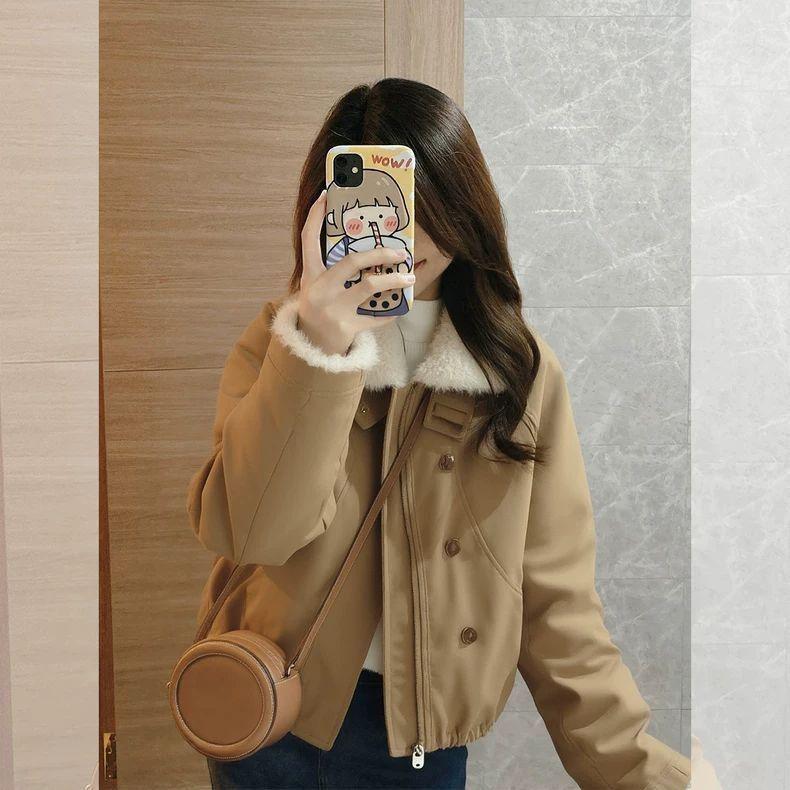 

Женская теплая короткая коричневая куртка из овчины в стиле French Chic 2025 2XL (suitable for 125-135 jin)
