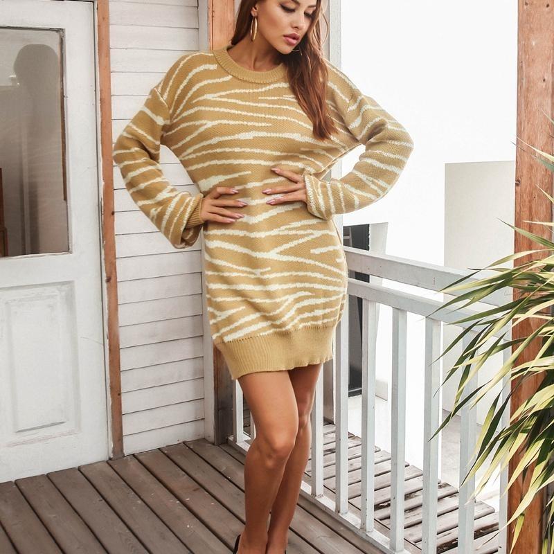 Spring Fall Clouds Pattern Above Knee Mini Knitting Sweater Dress Women Casual Straight O-Neck Full Sleeve Loose Waist S-L