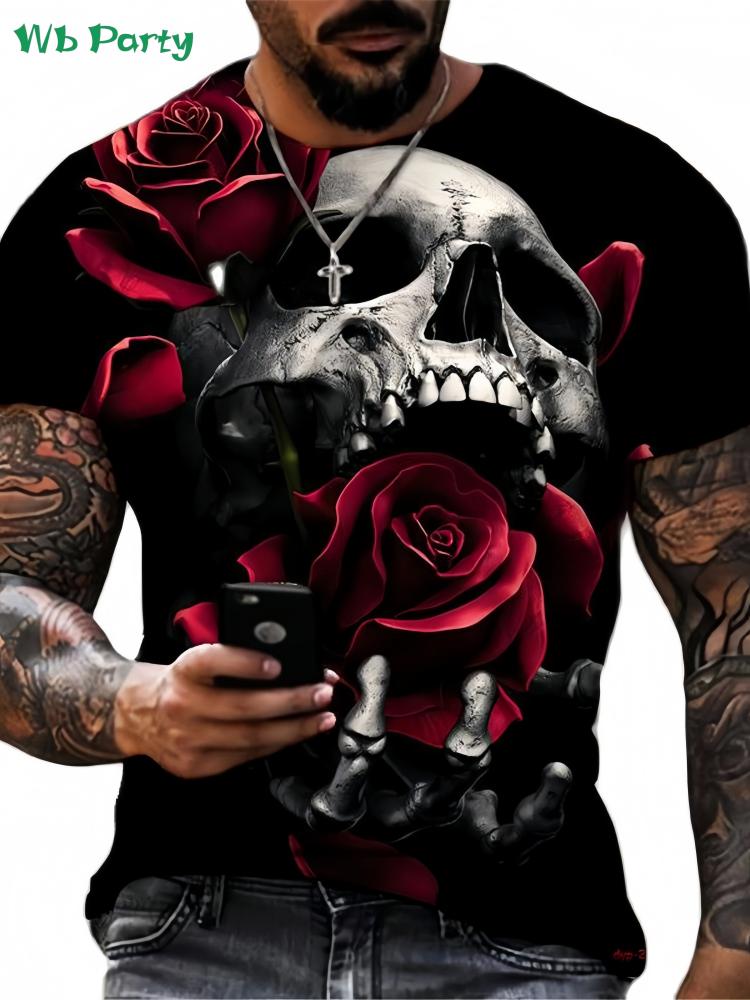 Retro skull 3D print men's T-shirt, summer street style men's top, fashionable round neck short-sleeved T-shirt, new loose fit men's clothing.