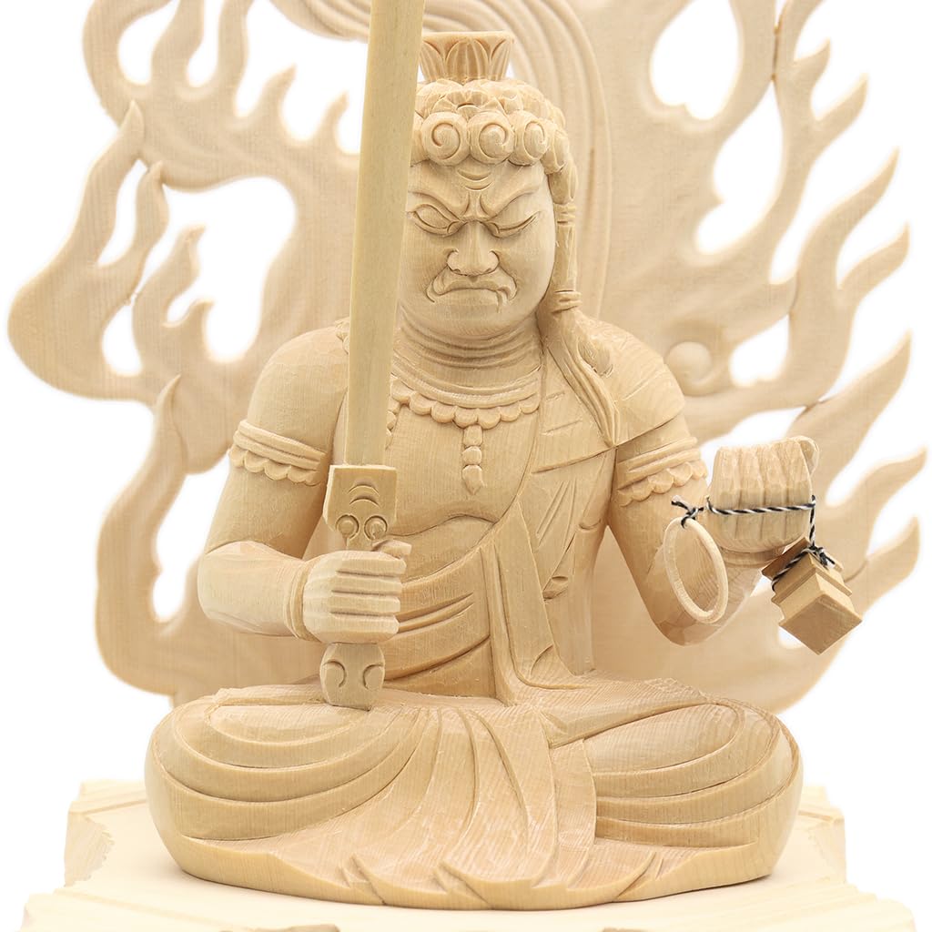 special Buddhist statue Acala seated statue inches height 31 width 16 depth carved cypress wood Flame halo Square rock base 1104 Kurita's [Myo-o] 3.5