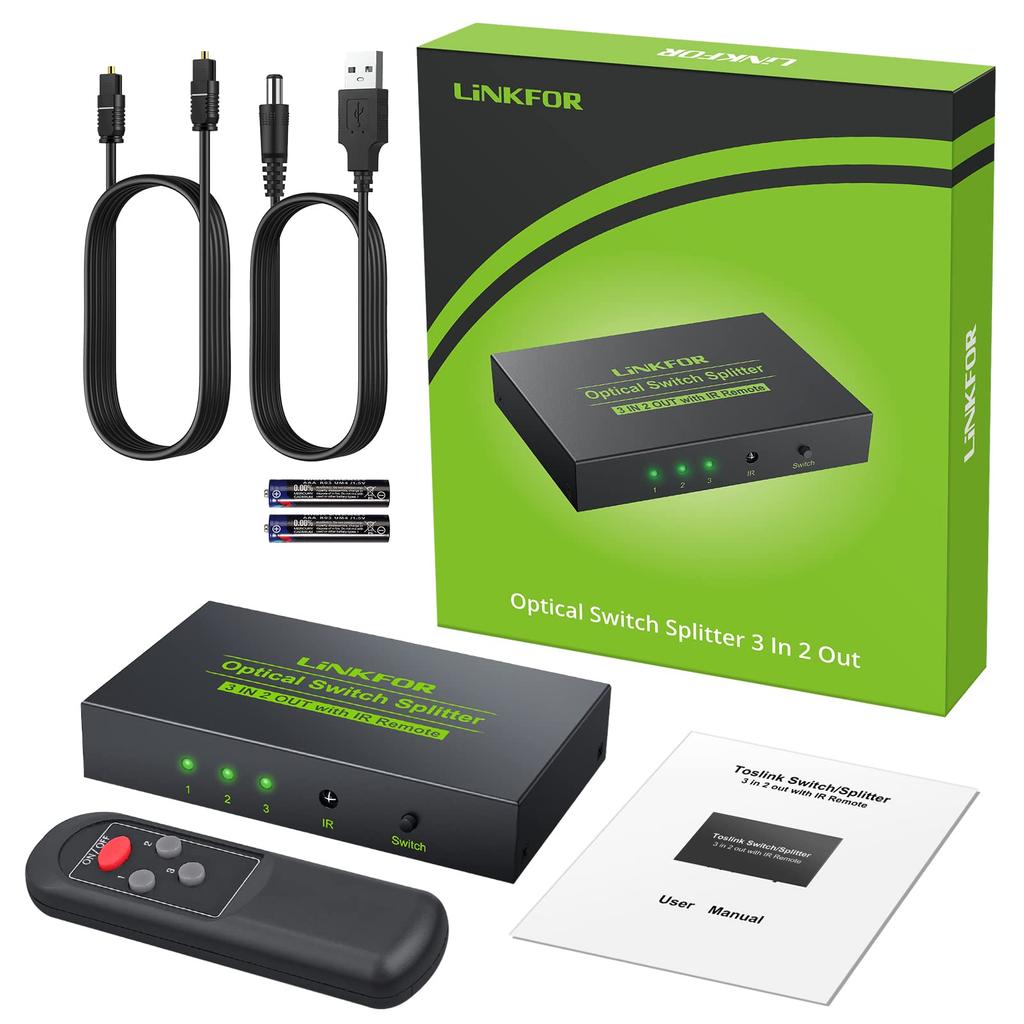LiNKFOR Optical Digital Switcher 3 Input 2 Output Optical Cable Distributor Audio Switcher Alloy Shell Switch with Remote Control Optical Cable USB