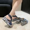 Large Wedge Denim Round Toe Fish Mouth Sandals, Fashionable and Comfortable, Versatile Rhinestone High Heels
