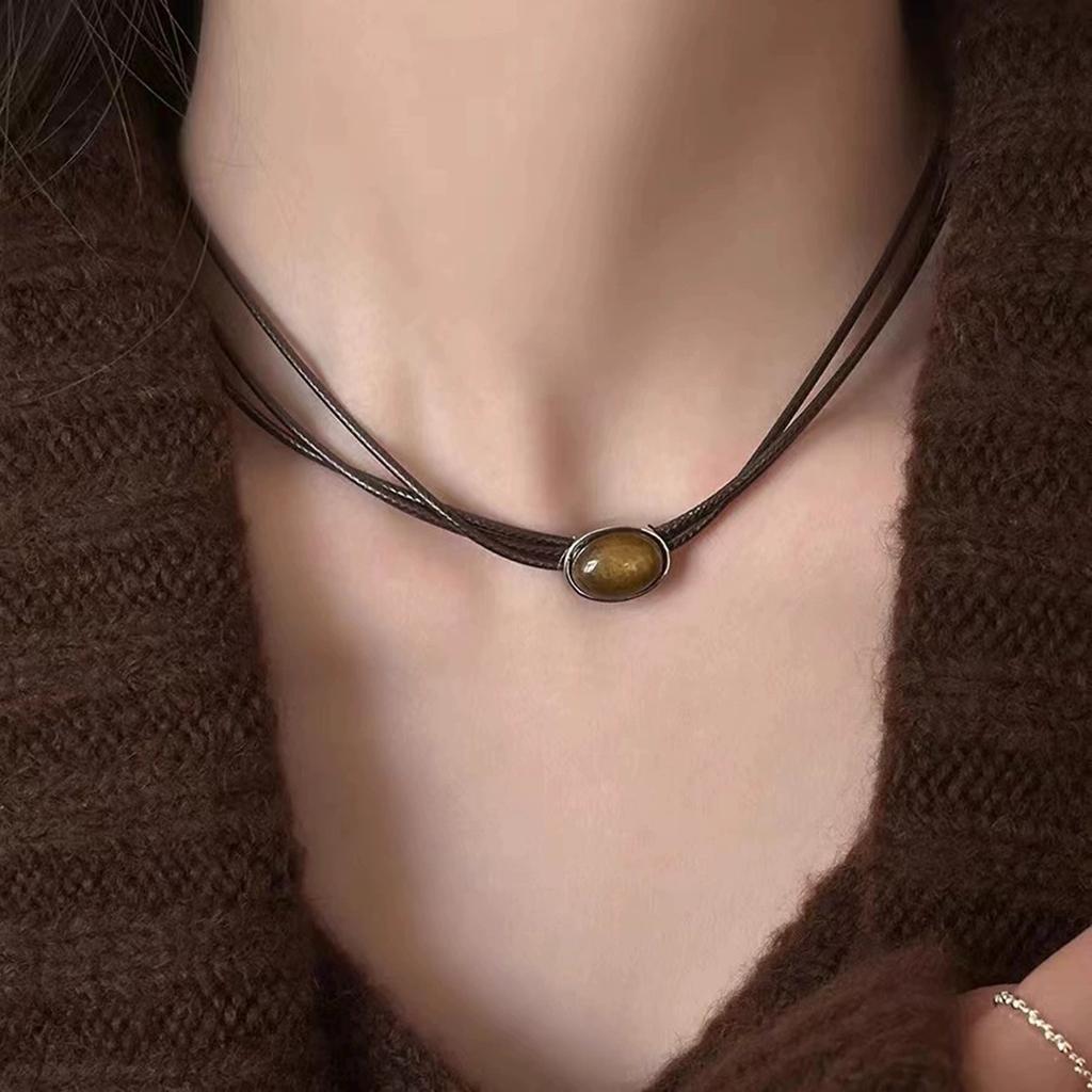 Tiger Eye Stone Beaded Necklace Design Punk Simple Fashion High End Clavicle Chain Short Men's Women's Retro Leather Necklace