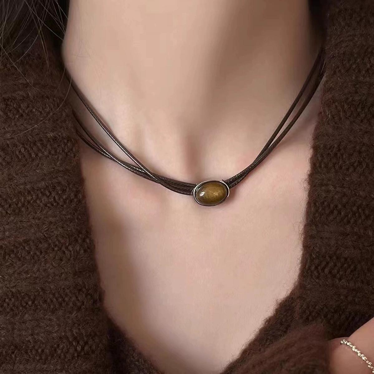Tiger Eye Stone Beaded Necklace Design Punk Simple Fashion High End Clavicle Chain Short Men s Women s Retro Leather Necklace