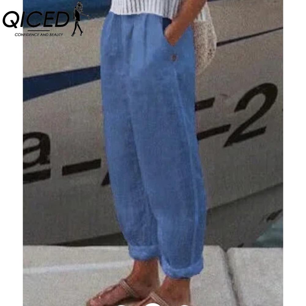 

QICED 8 цветов Женская мода Повседневные Однотонные Принтованные Брюки и Капри с высокой талией M темно-синий