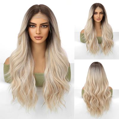 HD Synthetic 13x6 Lace Wigs Long Wavy Hair BLonde Ombre Wigs with Bangs Daily Use Party Wig for White Women Heat Resistant