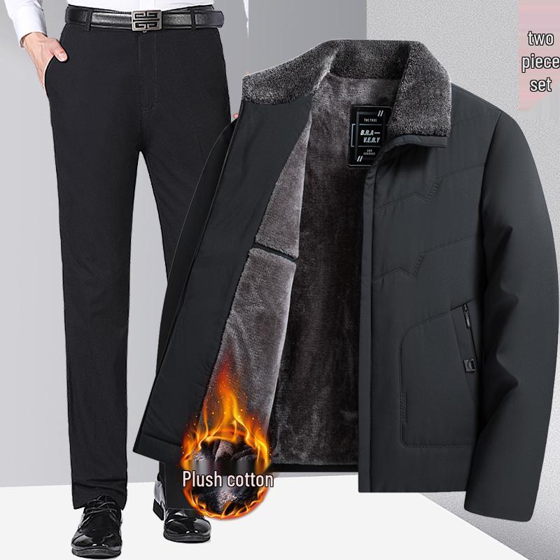 Woodpecker Men's Fleece-Lined Winter Jacket: Thick, Cotton-Padded, Cold-Proof Coat for Middle-Aged and Elderly.