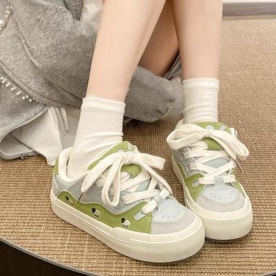 Retro Thick Baseplate Shoes Women's Spring White Shoes Student Versatile Shoes Contrasting Color Splicing Bread Shoes