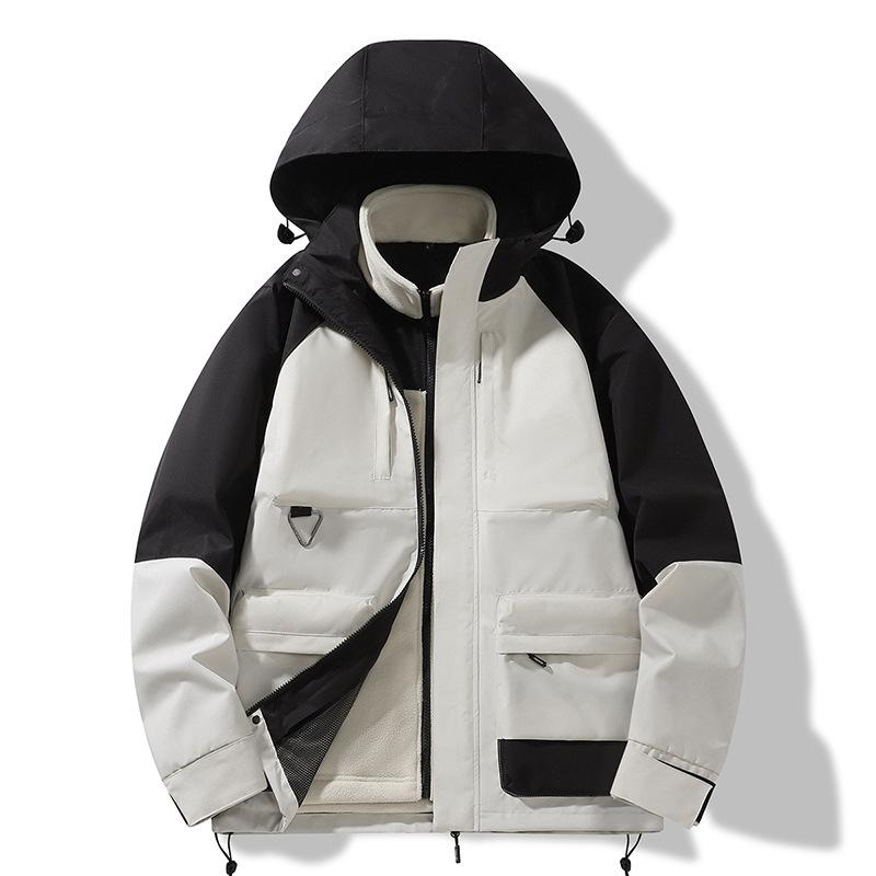 

New Outdoor Three-in-one Men s Two-piece Windproof Waterproof Detachable Hooded Contrasting Mountaineering Jacket M бежевий