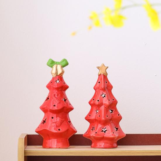 Ceramic Christmas Tree Night Light Glowing Decorative Lamp with Star Topper Xmas Tree Figurines for Holiday Home Decor