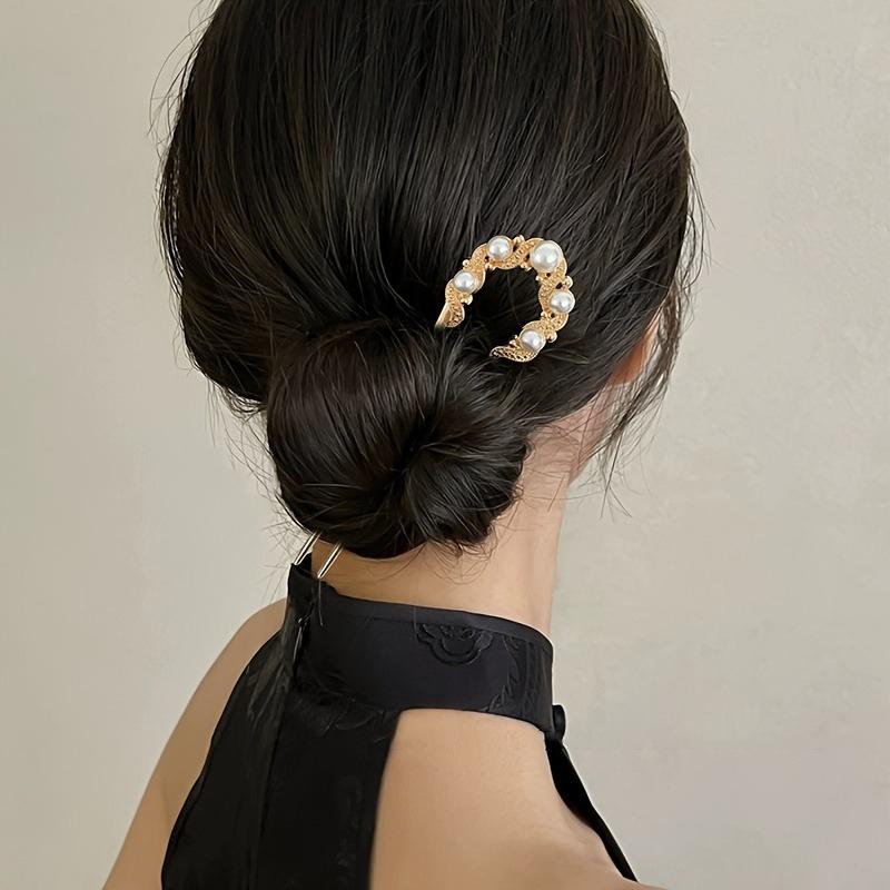 Elegant Temperament Minimalist Imitation Pearl Inlaid U-shaped Women Alloy Hairpin High-end Retro Cheongsam Hanfu Plate Hairpin