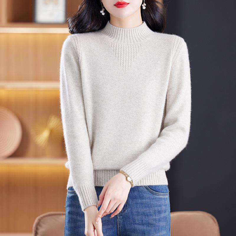 Women's 100% Wool Thick Knit Half-High Collar Winter Sweater for Middle-Aged and Elderly