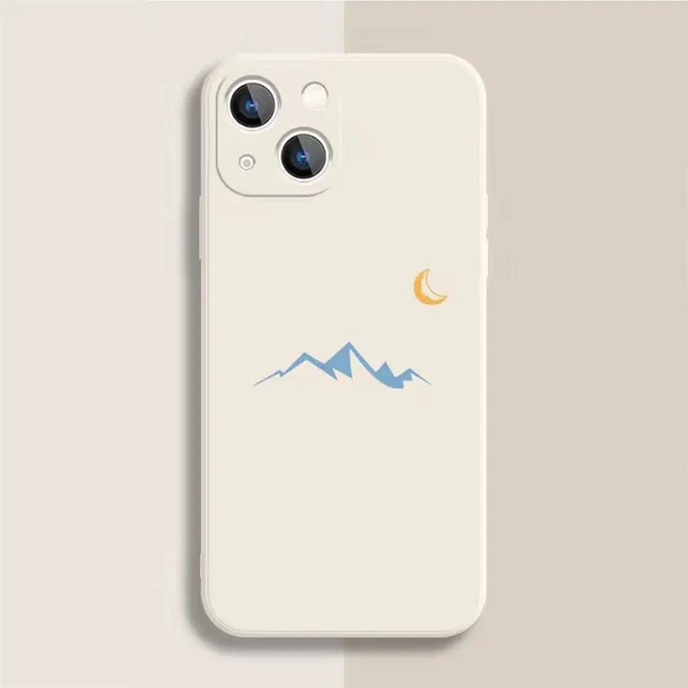 Line Mountain Scenery Phone Case for IPhone 16 15 Pro Max 13 12 11 XS MAX X 7 8 14 Plus Shockproof Simple Sun Moon Couples Cover