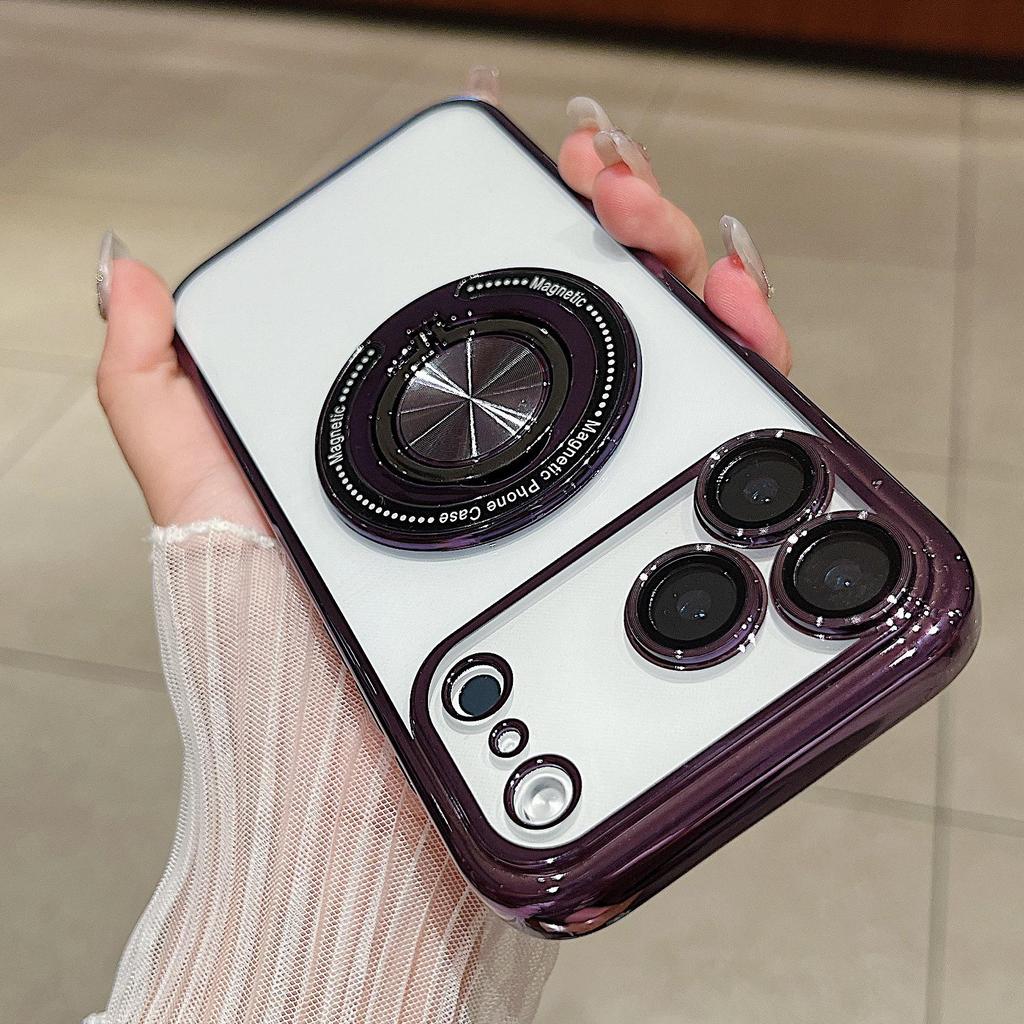 iPhone17PROMAX Electroplated Rotating Ring Magnetic Stand Case - Compatible with Apple 16 & 15 Soft Protection