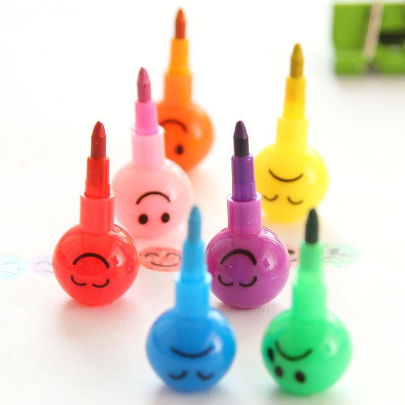 3 st Söta Roliga 7 Färger Kreativa Tecknade Smiley Graffiti Penna Staplare Bytbar Spets Vaxkrita Blyertspenna