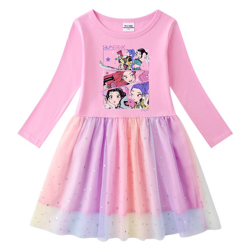 Korean-Style Kpop Demon Slayer Girls' Princess Dress – Short Sleeve Mesh for Summer, Long Sleeve for Spring/Autumn