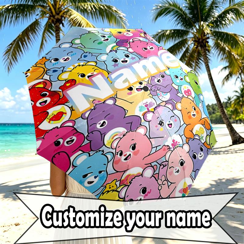 Custom Name Personalized Care Bears Print Umbrella, Auto Open Close, 8‑Rib Sturdy Frame, Commute Camping Hiking Use, Birthday Gift