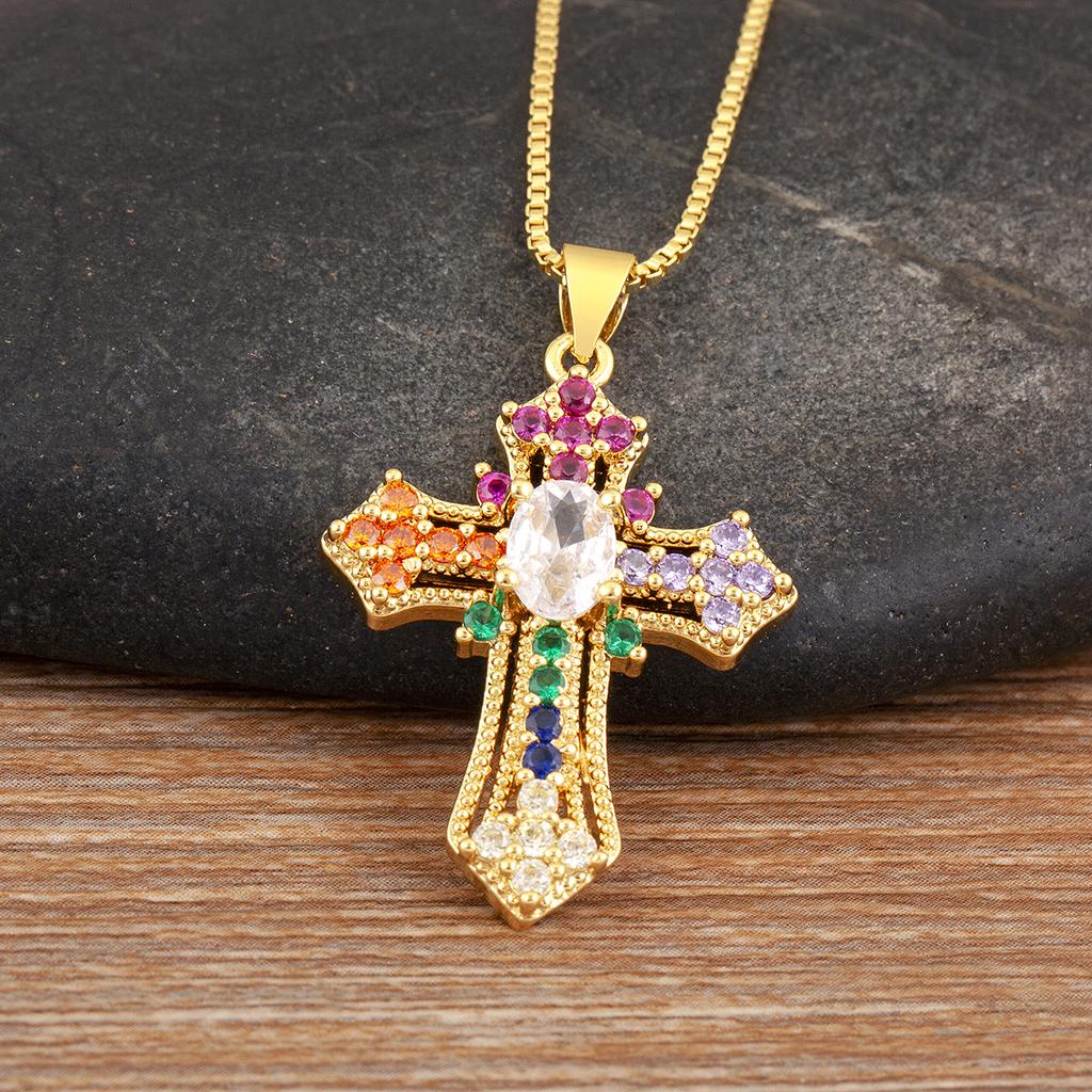 Nidin New Fashion Double Layer Jesus Cross Pendant Necklace 6 Colors For Women Men Shine Zircon Chain Link Jewelry Accessories