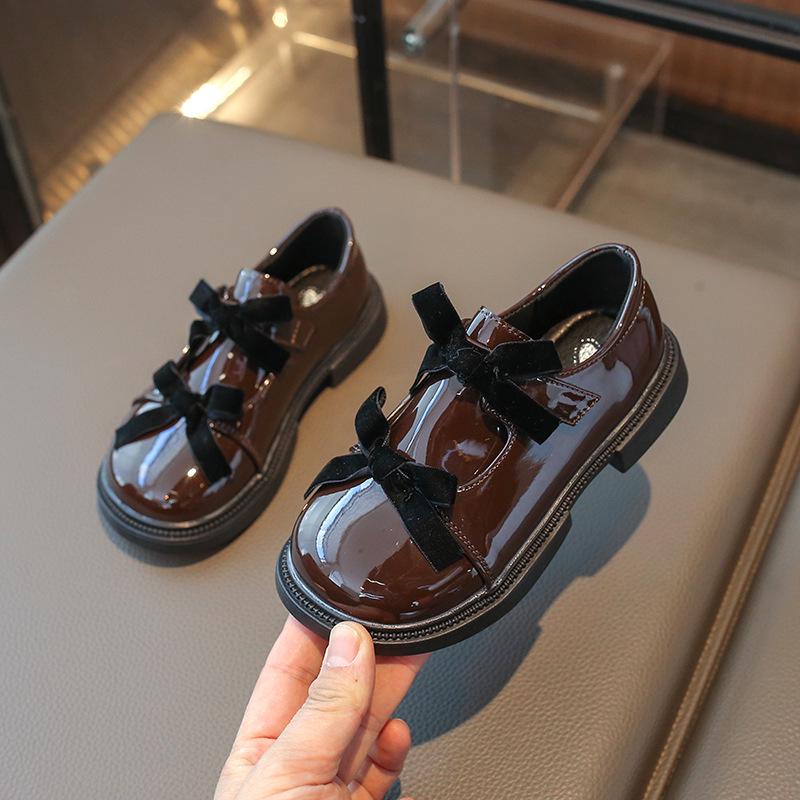 Korean Style Mirror Finish Girl's Leather Loafers with Double Bows - Spring 2026 Princess Shoes