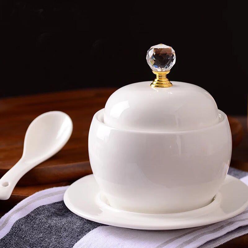 LIU Ceramic Double Boiler Stew Cups & Serving Plates With Dish & Spoon