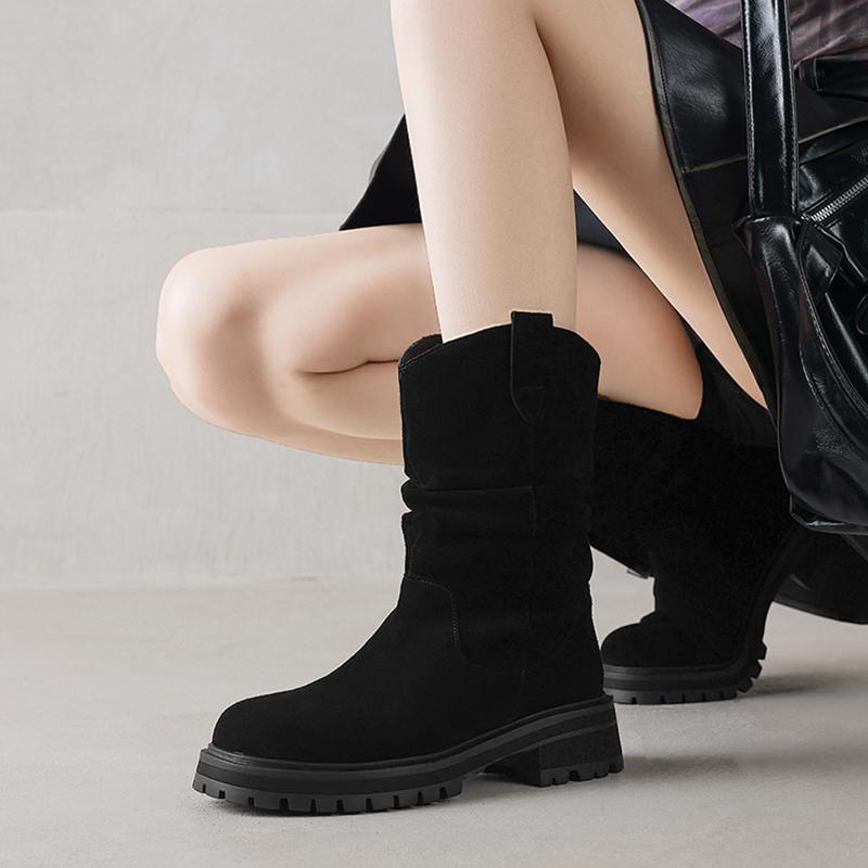 Krazing Pot Cow Suede Nubuck Winter Round Toe Western Boots Med Heels Pleated Decoration Women British School Mid-calf Boots