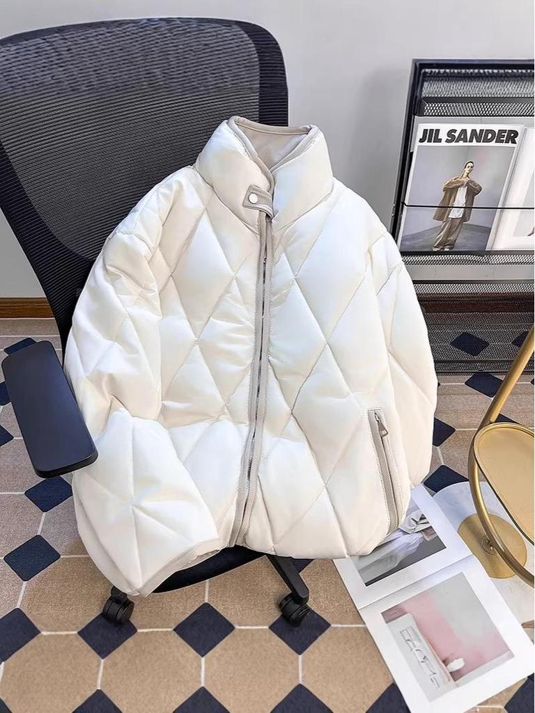 Unisex Retro Diamond Lattice Stand Collar Padded Winter Jacket