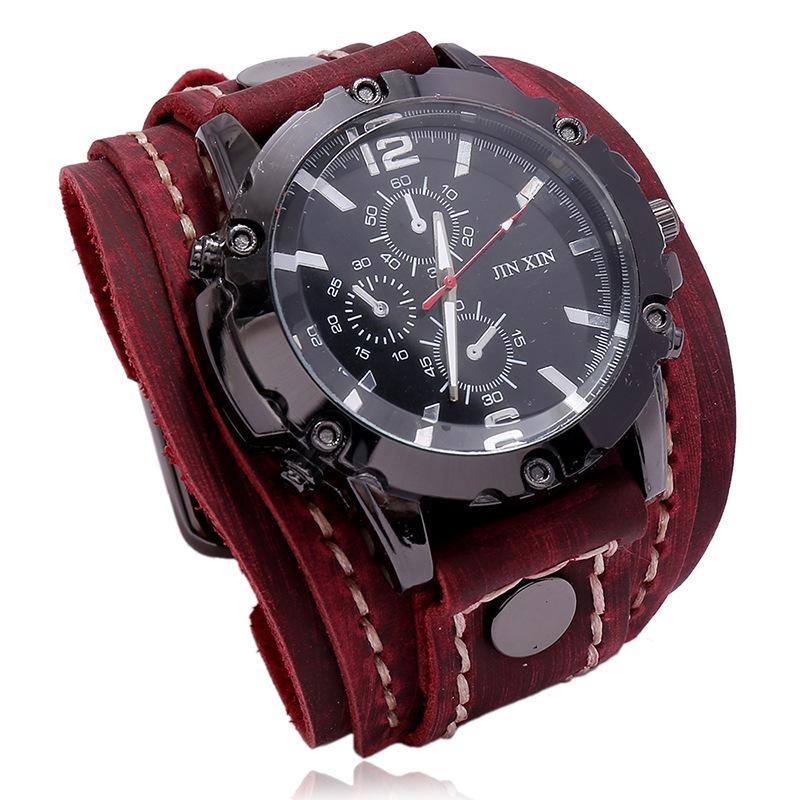 Punk Retro Large Dial Hand-stitched Cowhide Watch with Hip Hop Leather Bracelet