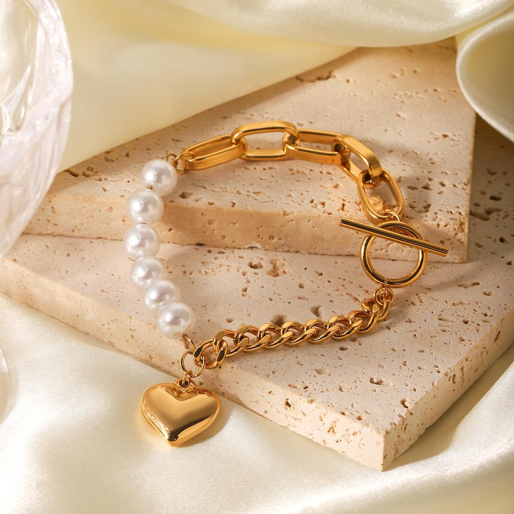 Premium Pearl Bracelet for Women, Stainless Steel Heart Pendant Spliced Chain OT Clasp Titanium Steel Jewelry