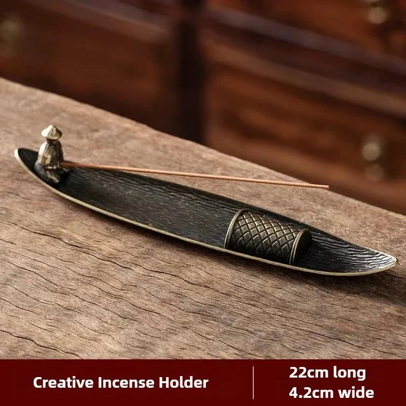 Creative Bamboo Raft Incense Holder Boat with Old Men Fishing Design Long Leaf Censer for Home Decor Aromatherapy