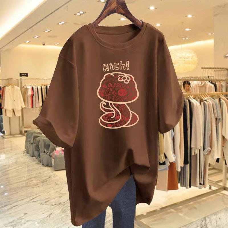 

Cotton short-sleeved t-shirt women s summer new loose medium and long printed top casual new bottoming shirt XXXL